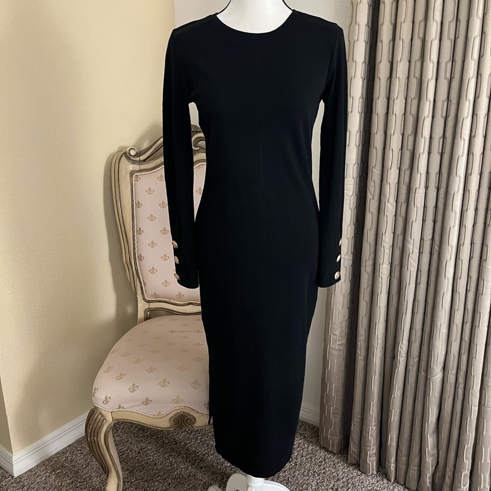 Nation Fitted Theo Midi Dress w/Three Crest Buttons on Cuff & Side Slit Hem Sm